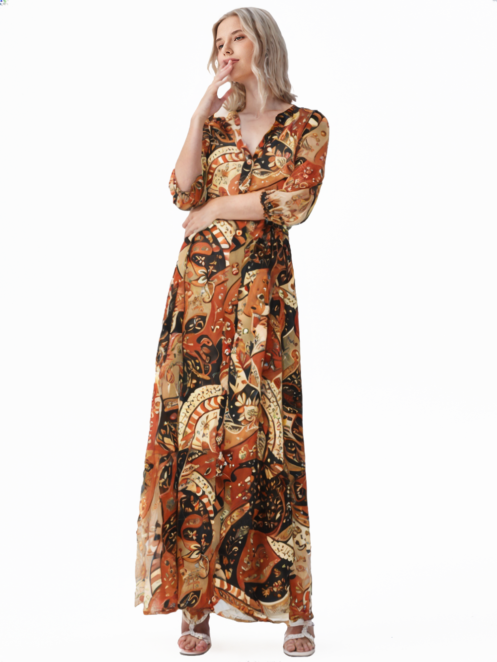 Vestido maxi estampado boho en tonos cálidos Rosy´s  Chic