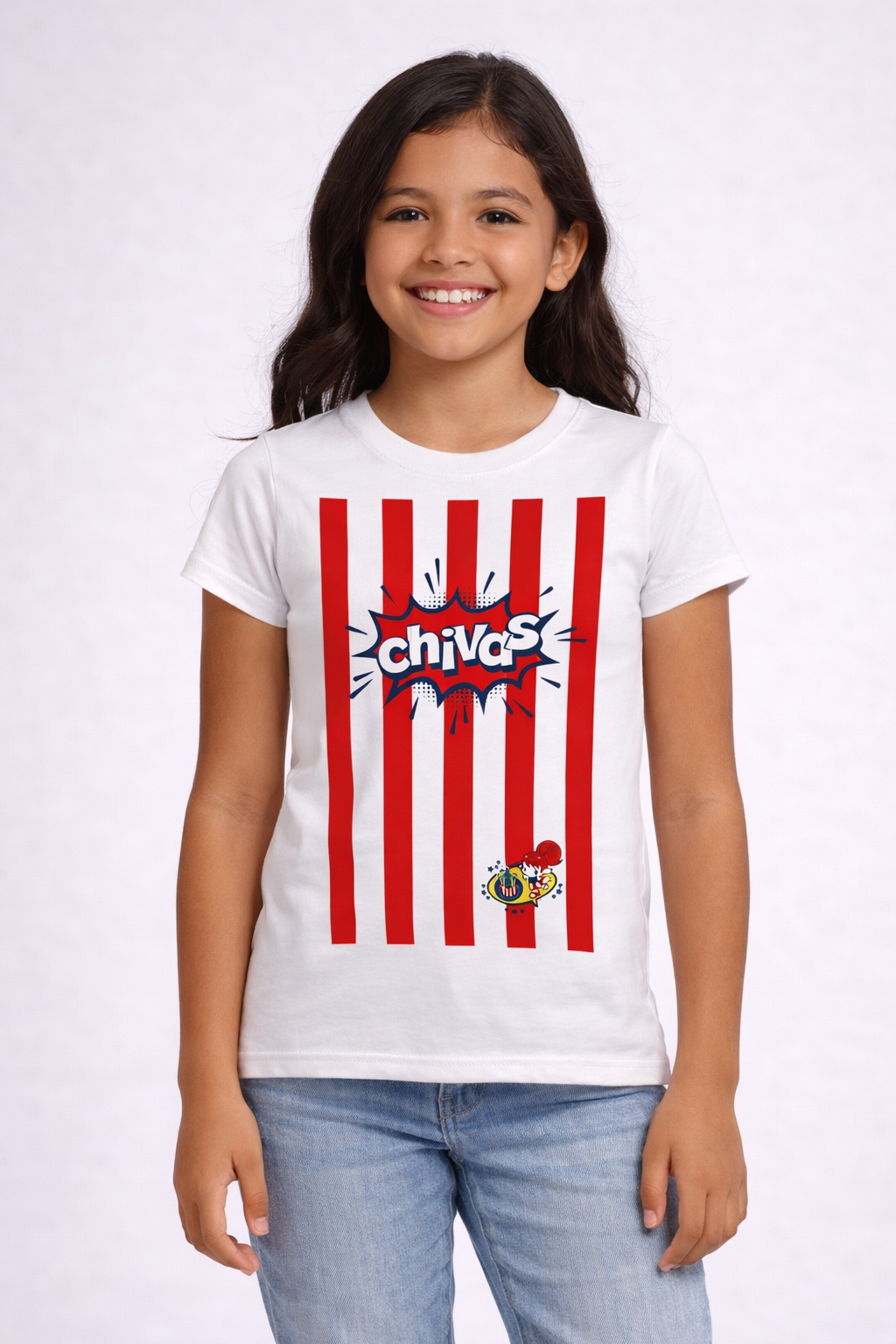 Playera Chivas Infantil Blanca con Rayas Rojas y Gráfico KE90