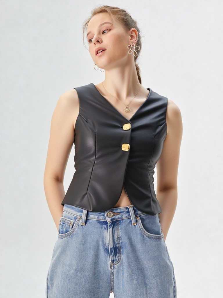 Blusa negro efecto piel con botones dorados Julys & JK