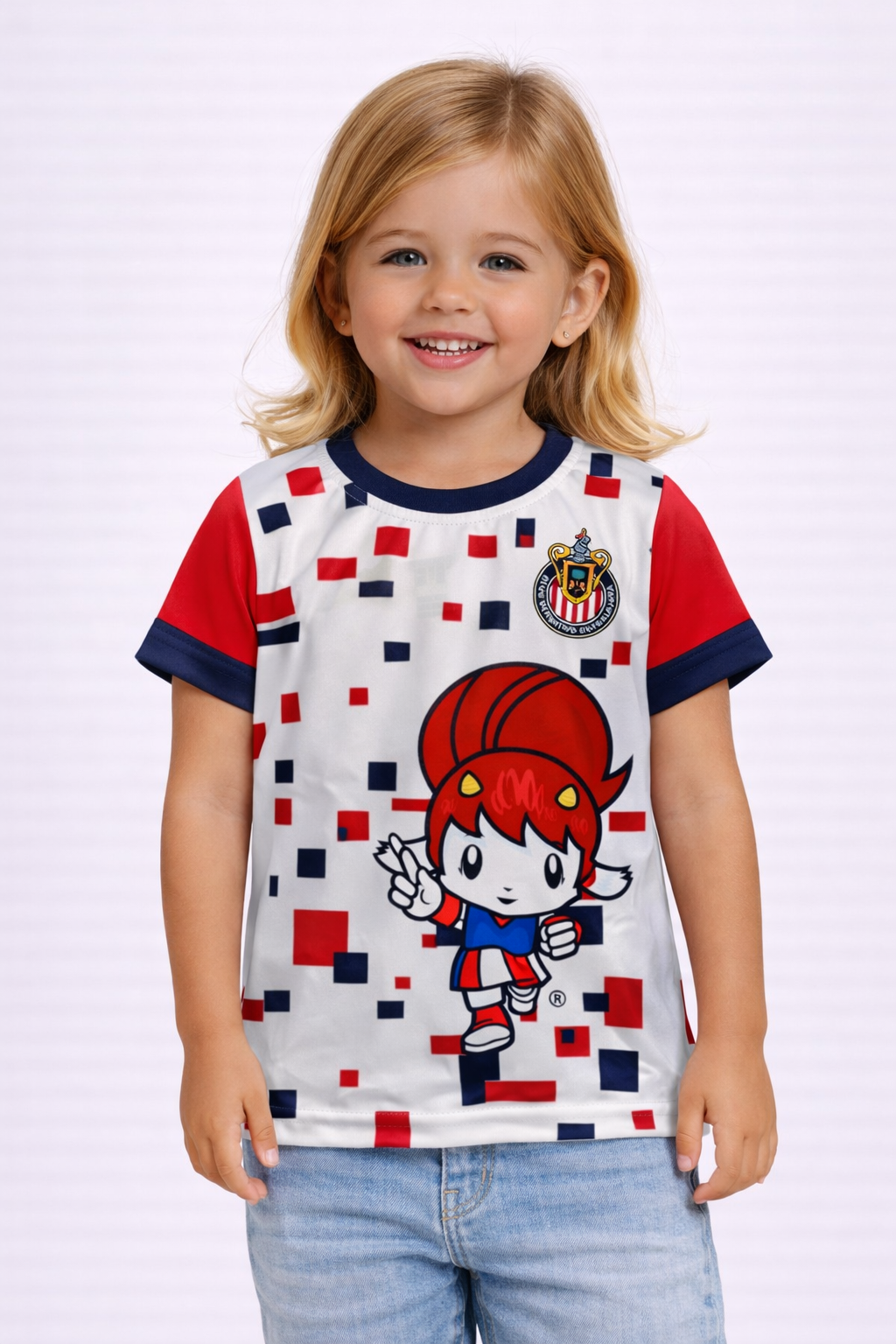 Playera Chivas Infantil Mascota Pixel Blanca CI110