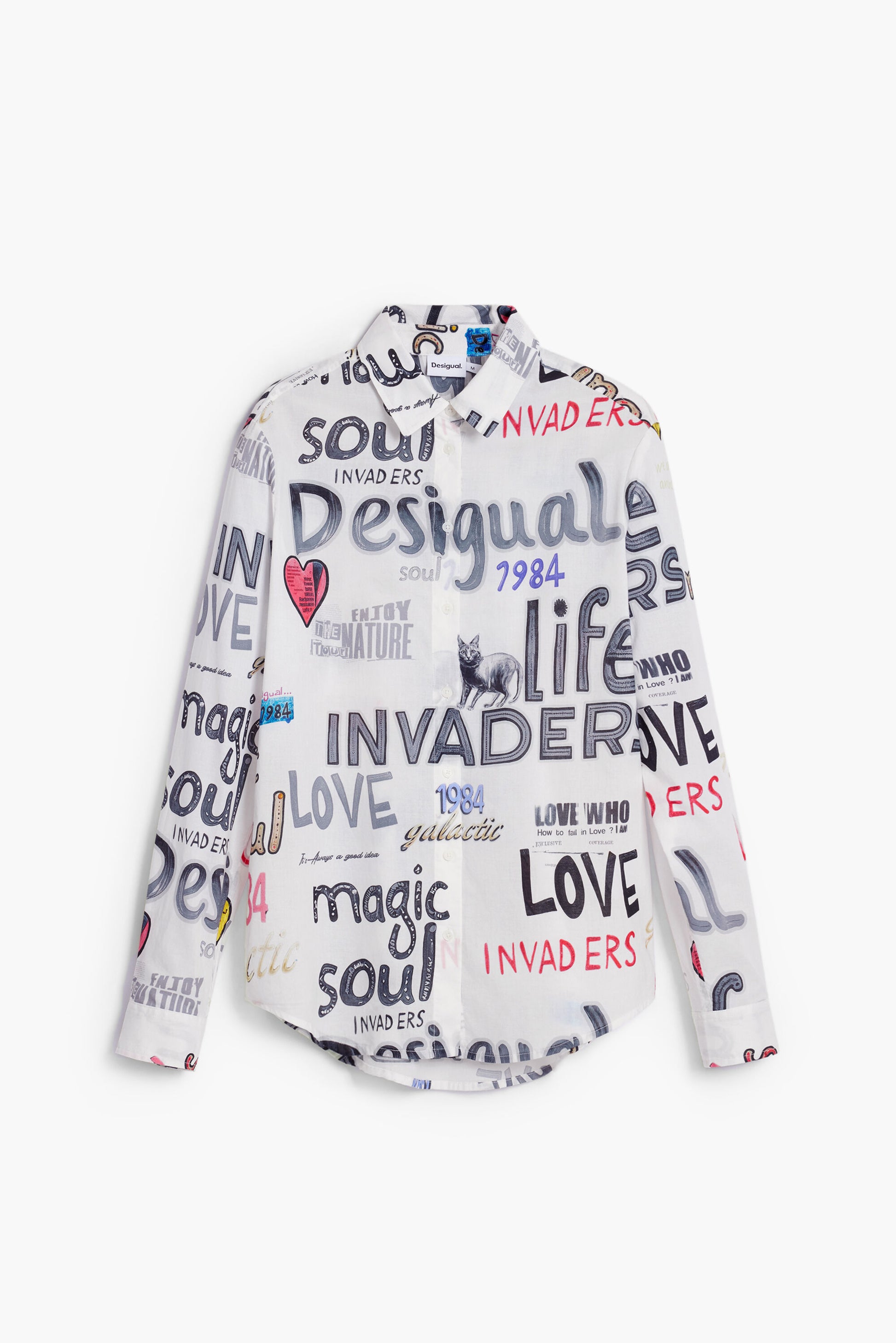 Camisa blanca con estampado tipográfico multicolor Desigual