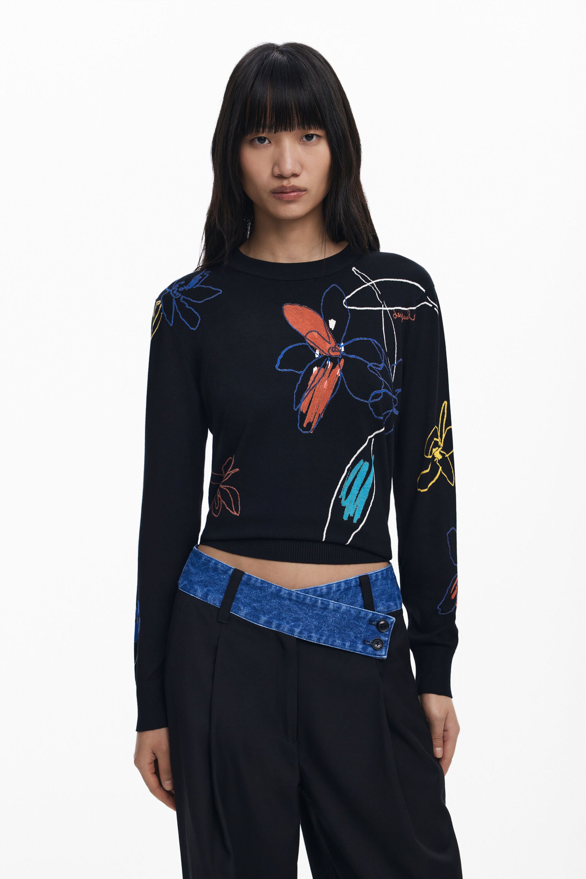 Suéter negro con bordado floral multicolor Desigual