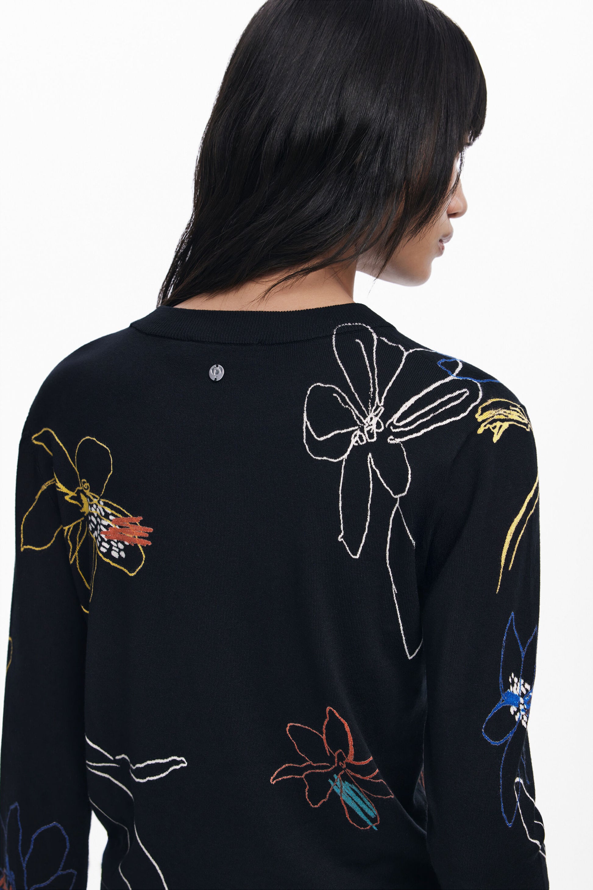 Suéter negro con bordado floral multicolor Desigual