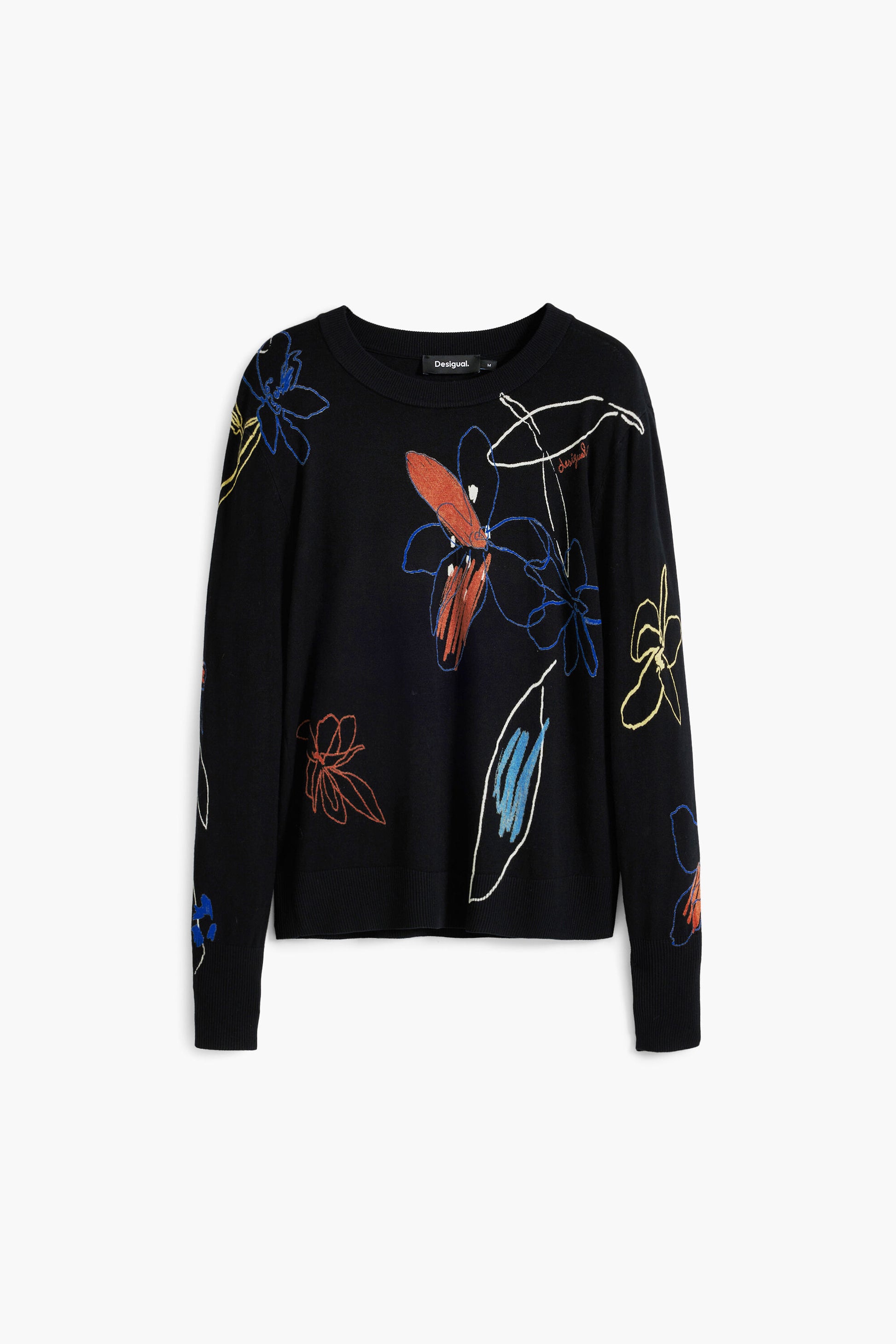 Suéter negro con bordado floral multicolor Desigual