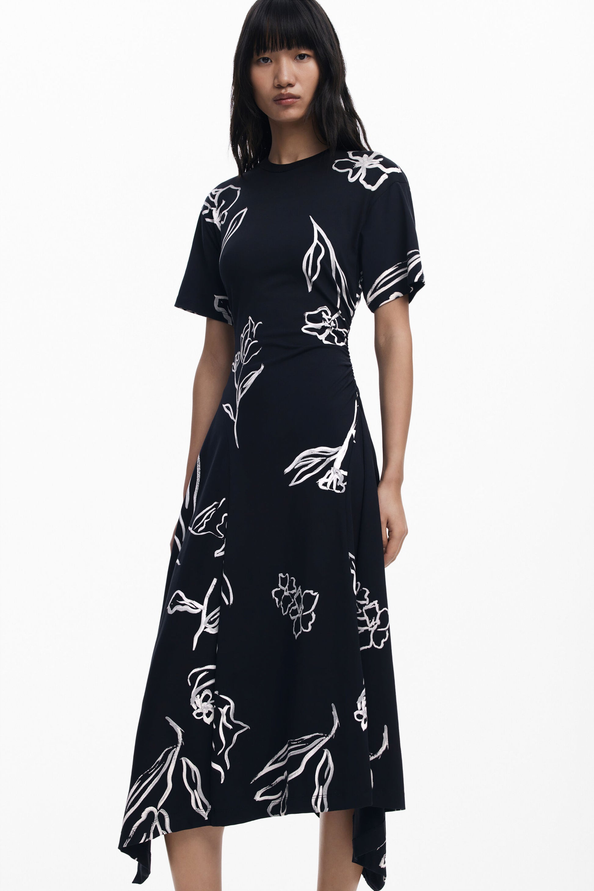Vestido negro midi estampado floral blanco Desigual