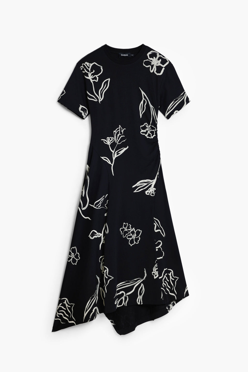 Vestido negro midi estampado floral blanco Desigual