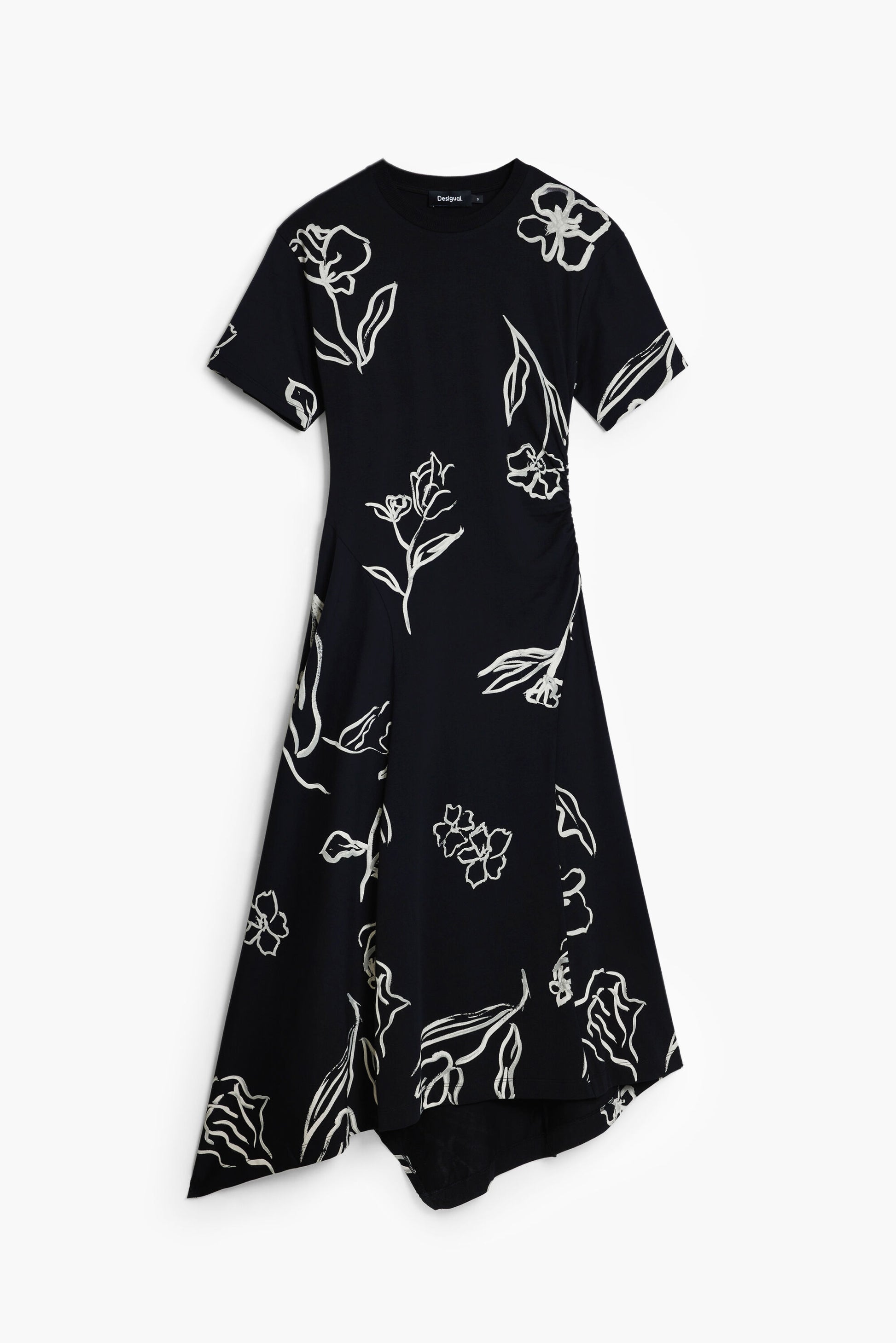 Vestido negro midi estampado floral blanco Desigual