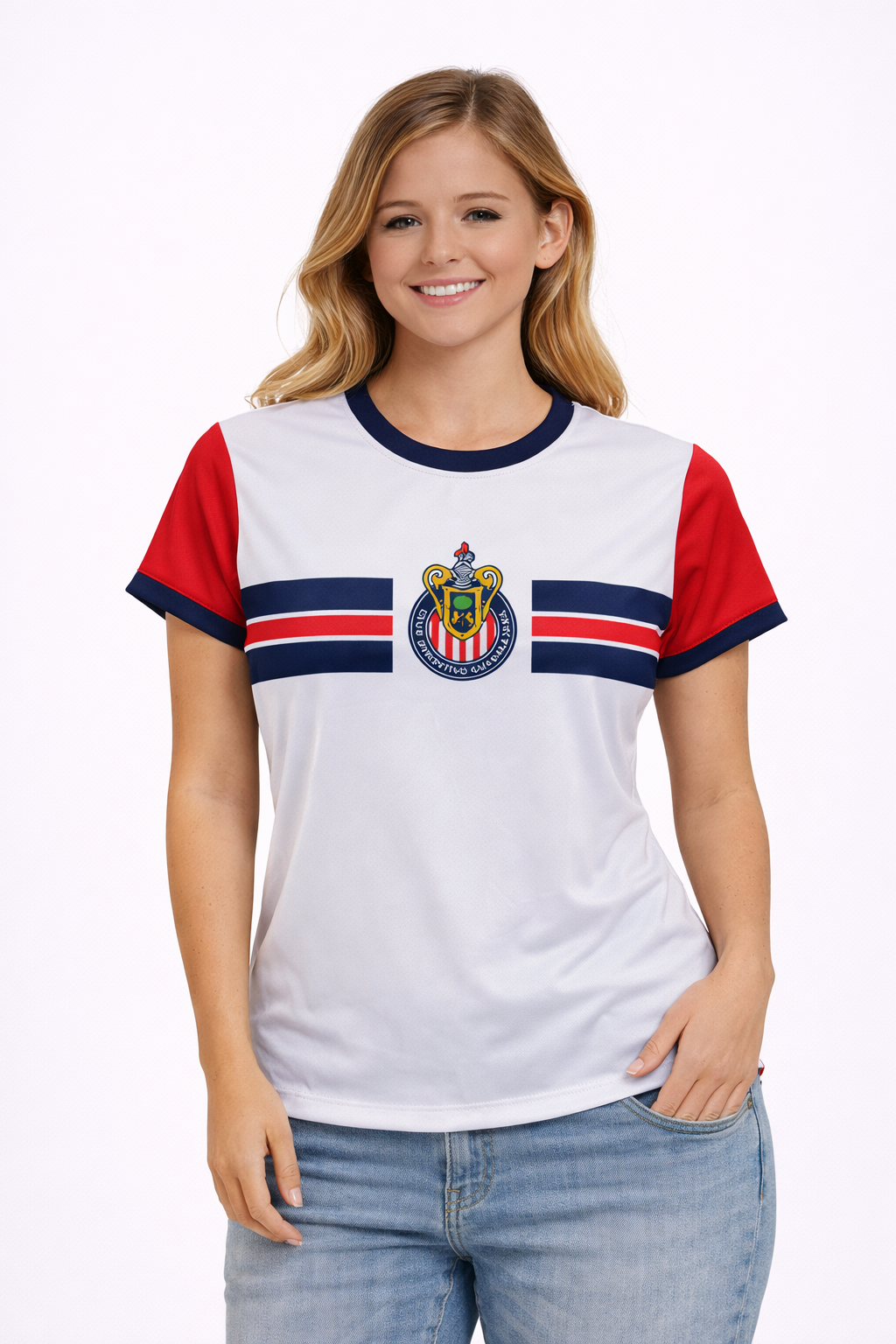 Playera Chivas Blanca con Franjas Rojiazules Niña CI106