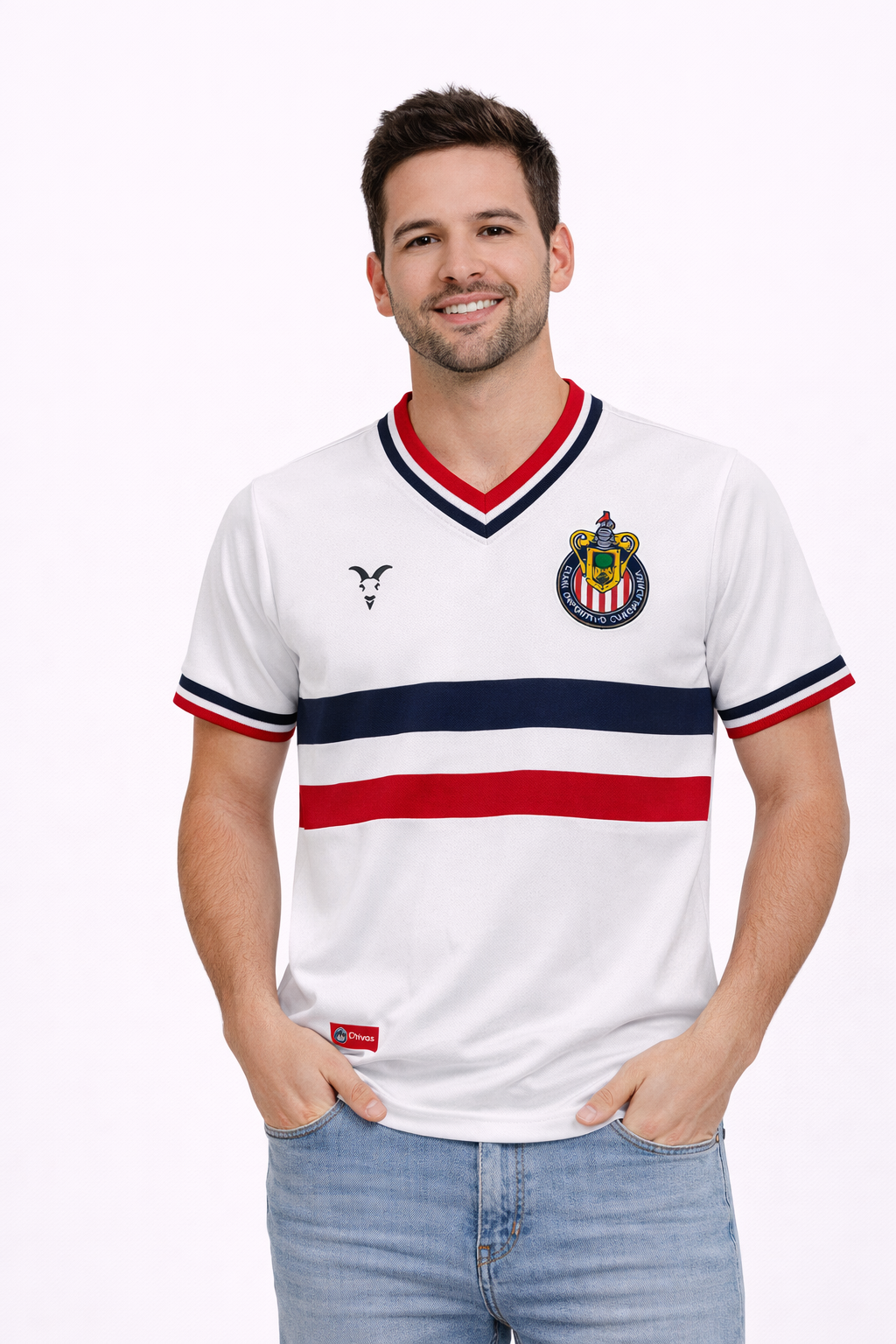 Playera Chivas Blanca con Cuello V y Franjas CHI HG20
