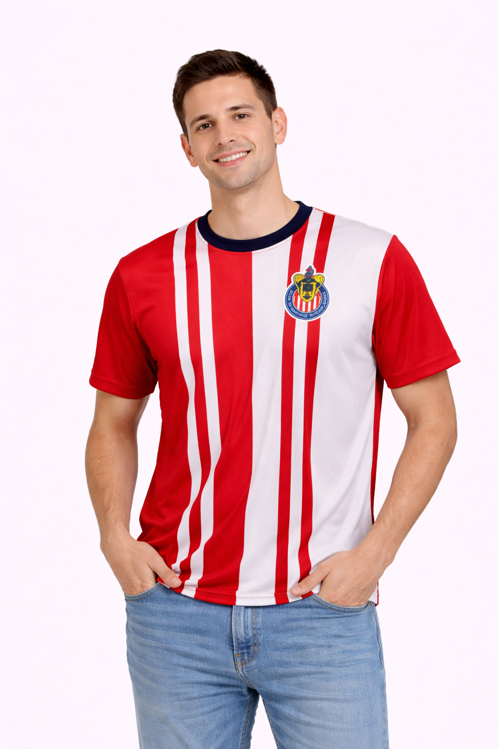 Playera Chivas Rayada Roja y Blanca Cuello Redondo Azul RAYADA ESC