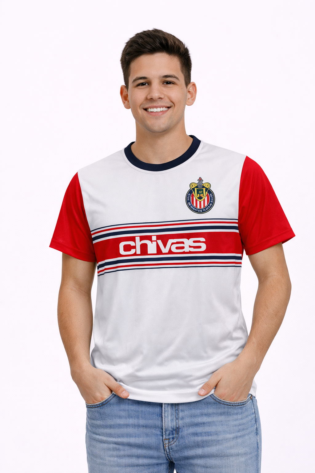 Playera Chivas Blanca con Franja Roja y Logo CI156