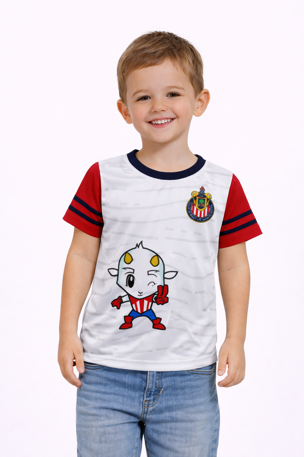 Playera Chivas Infantil Blanca con Mascota y Mangas Rojas CI116