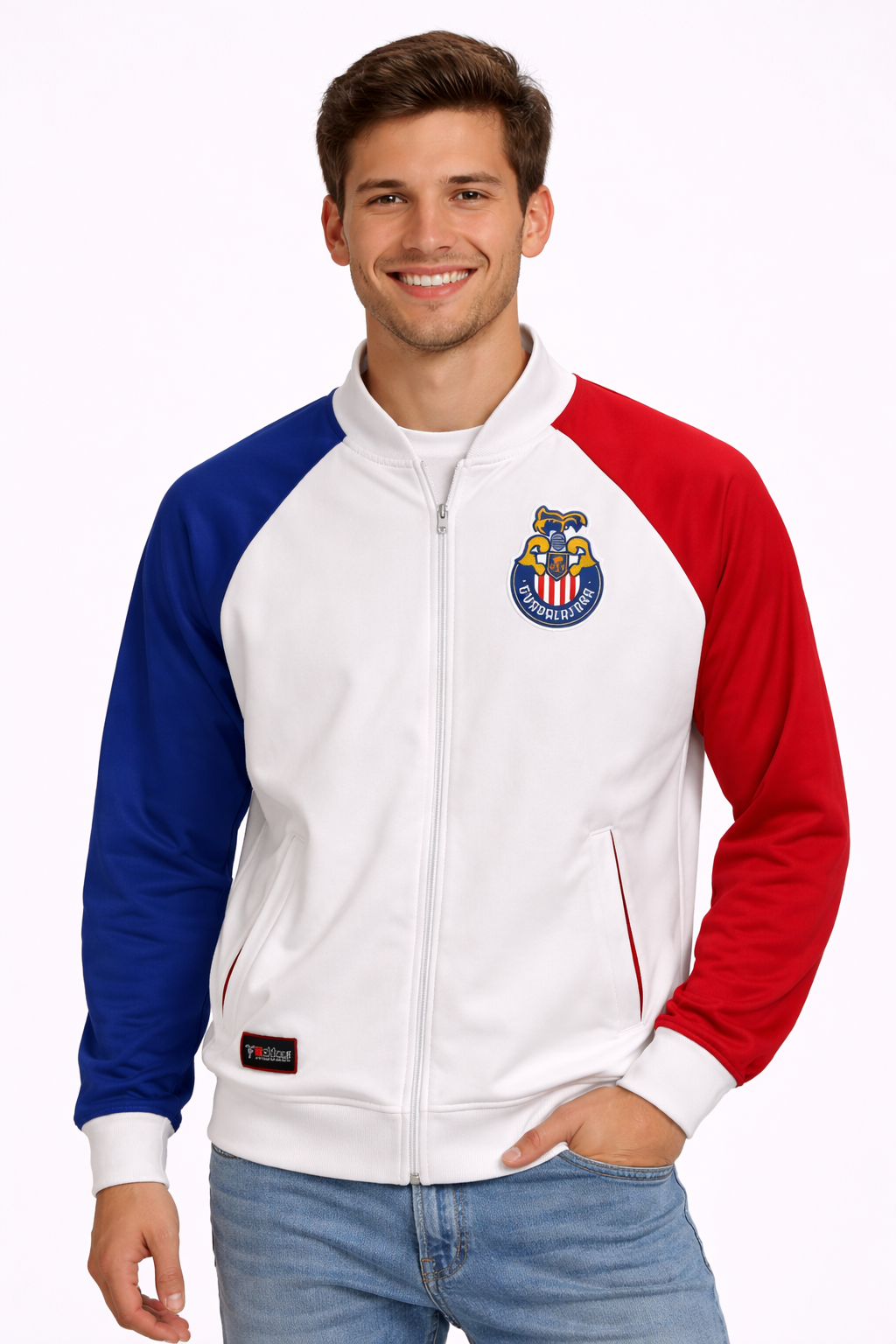 Chamarra Chivas Hombre Blanca con Mangas Rojo y Azul AW33