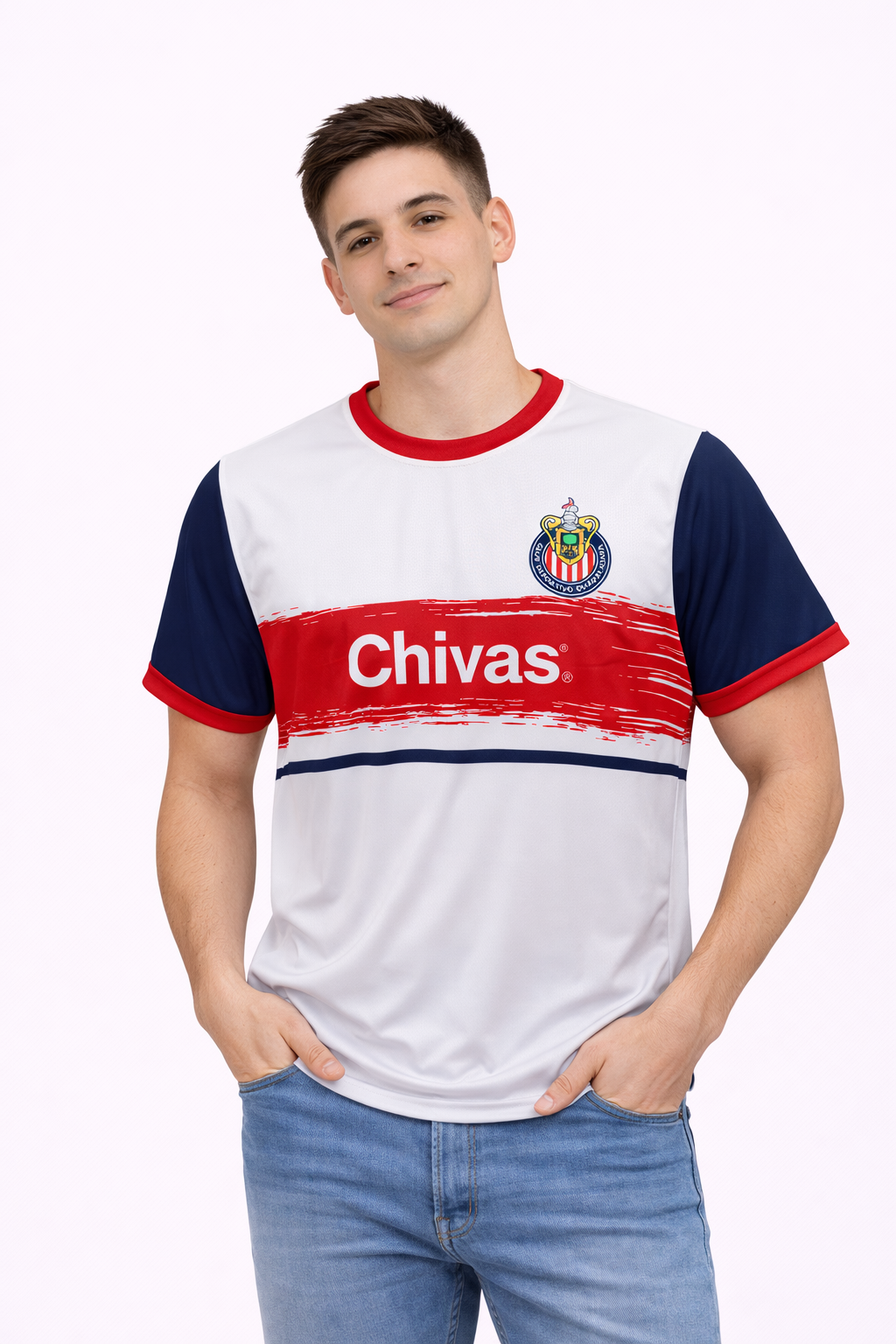 Playera Chivas Blanca con Franja Roja y Manga Azul CI101