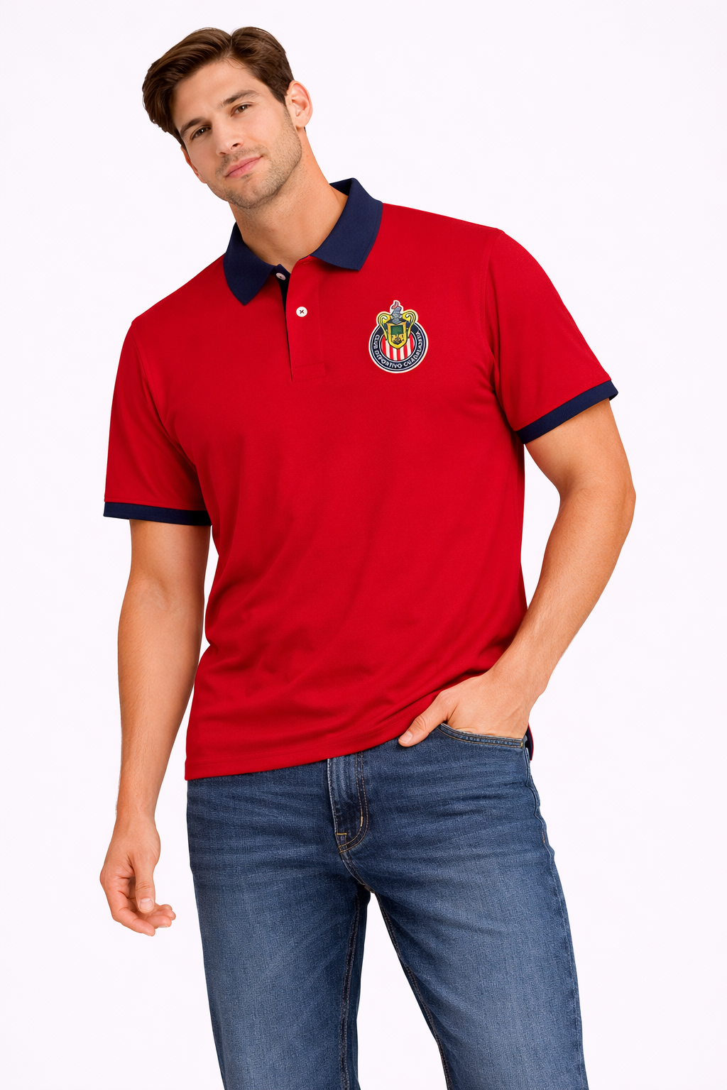 Playera Hombre Polo Chivas Roja Cuello Azul CI148