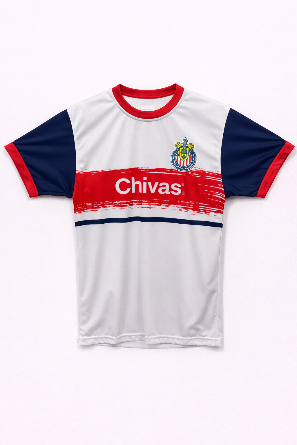 Playera Chivas Blanca con Franja Roja y Manga Azul CI101
