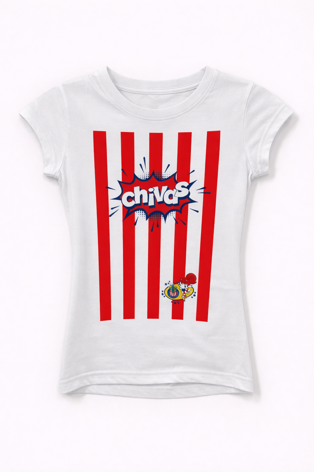 Playera Chivas Infantil Blanca con Rayas Rojas y Gráfico KE90