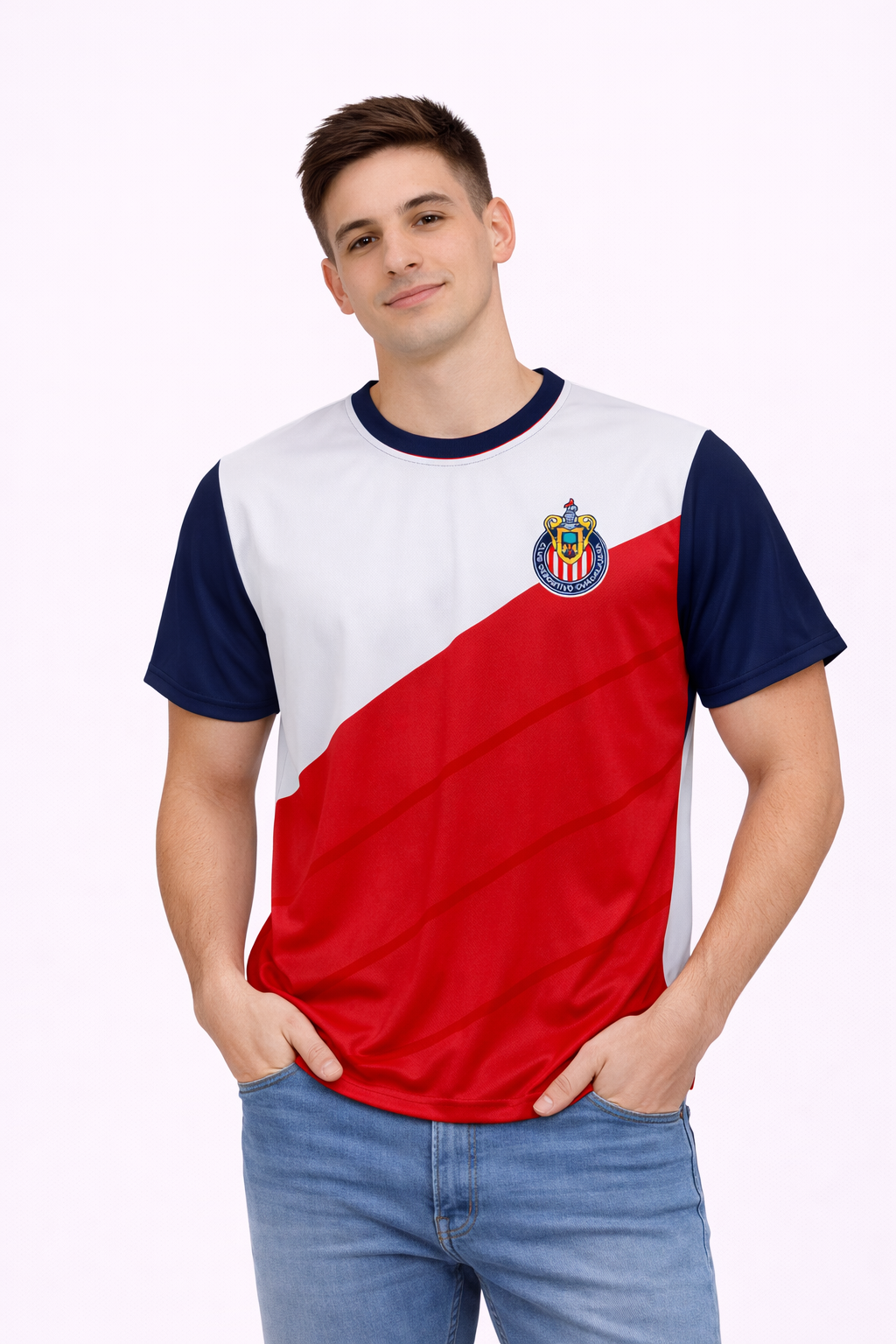 Playera Chivas Blanca y Roja con Manga Azul CI85