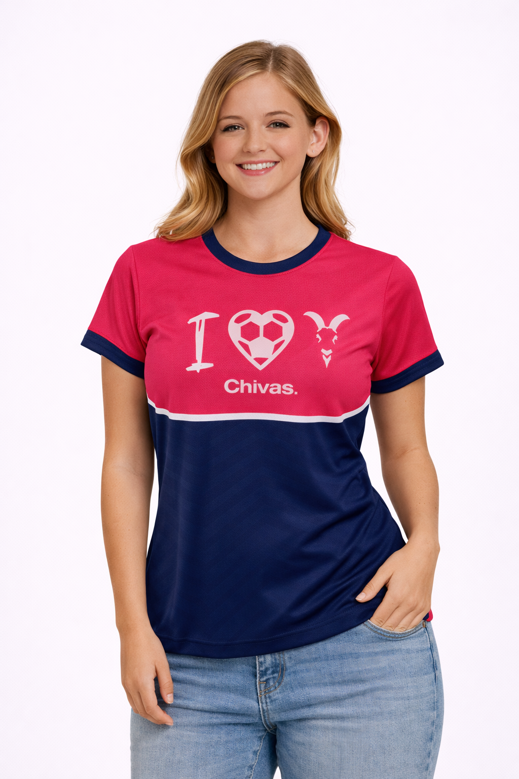 Playera Mujer Chivas Rosa y Azul “I Love Chivas” CI83