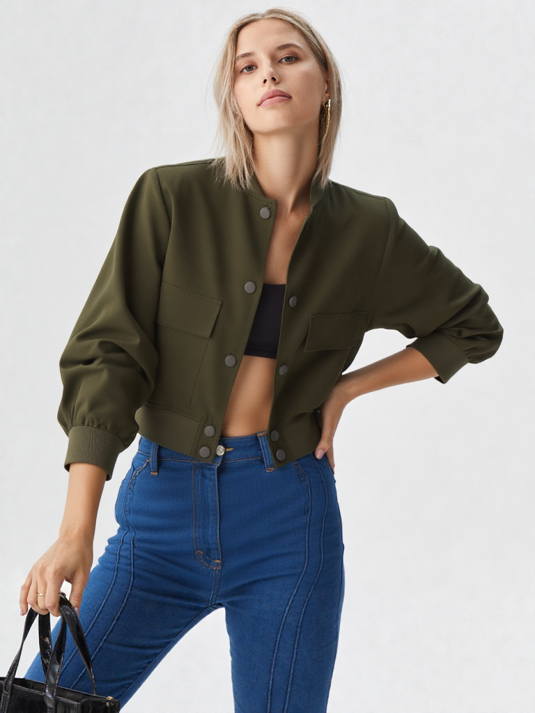 Chaqueta corta verde  Militar con bolsillos frontales STOP