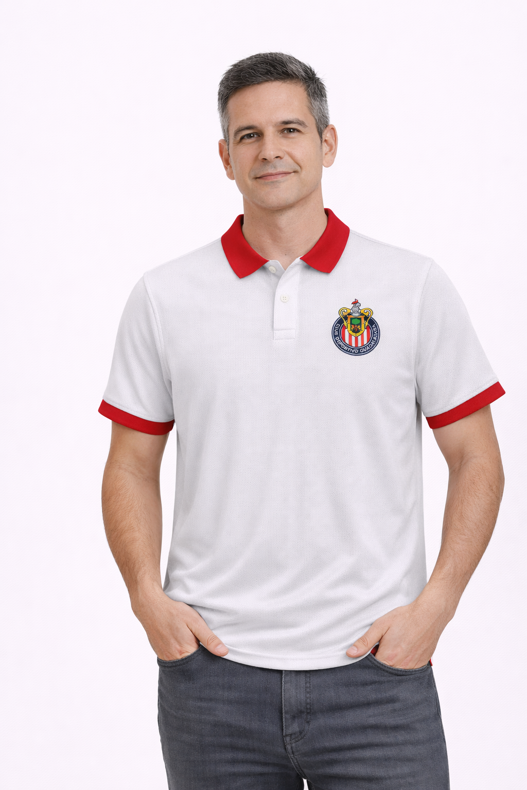 Playera Polo Chivas Blanca con Cuello Rojo CI147